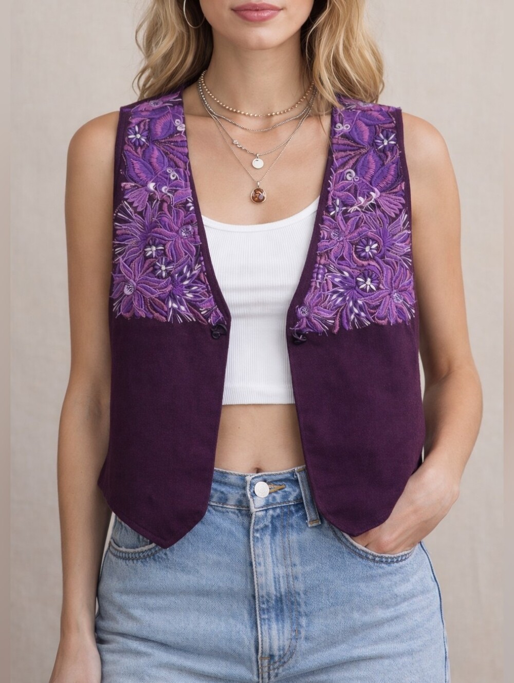 Vintage 90s Purple Embroidered Boho Vest – Handmade Floral Detail
